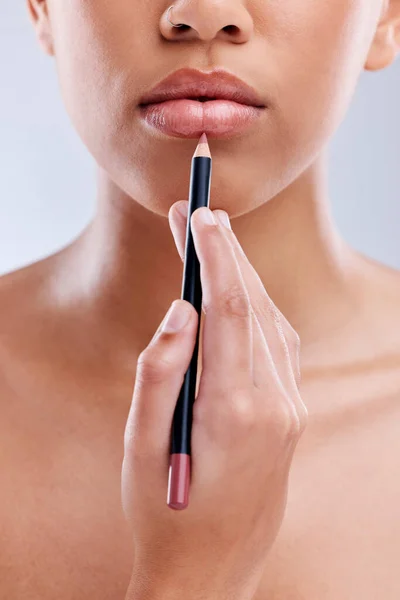 Hand Lippen Potlood Vrouw Schoonheid Met Cosmetisch Product Make Close — Stockfoto