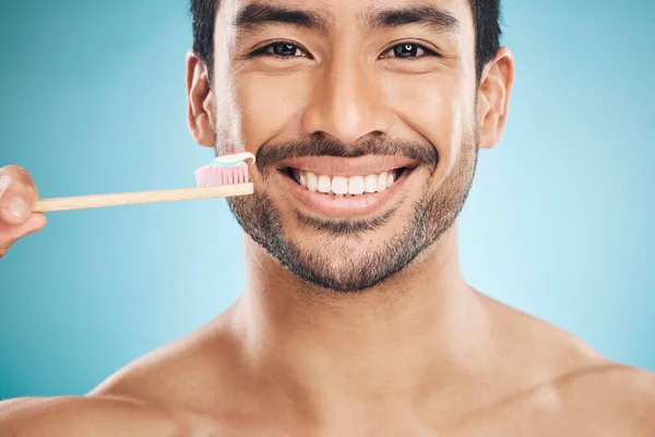 Dental Portrait Asian Man Toothbrush Fresh Breath Wellness Blue Studio — Stock Photo, Image