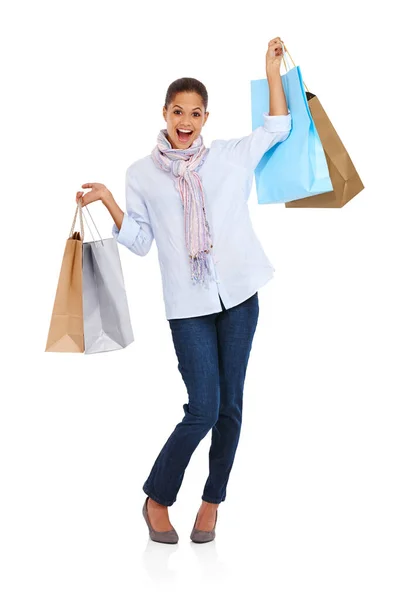 Aufgeregt Frau Und Einzelhandelstaschen Porträt Eines Modells Aufgeregt Nach Einzelhandel — Stockfoto
