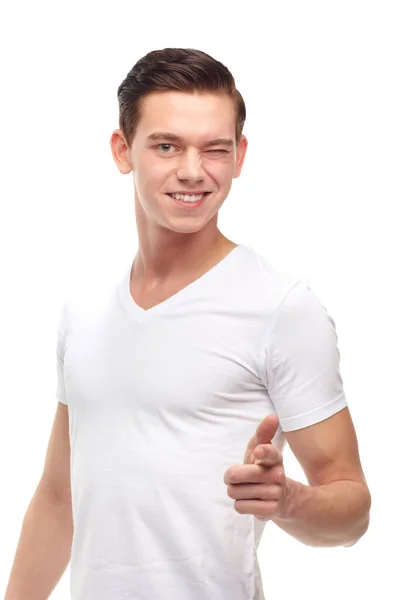 Casually Handsome Cropped Portrait Confident Young Man Pointing Isolated White — Stock Photo, Image
