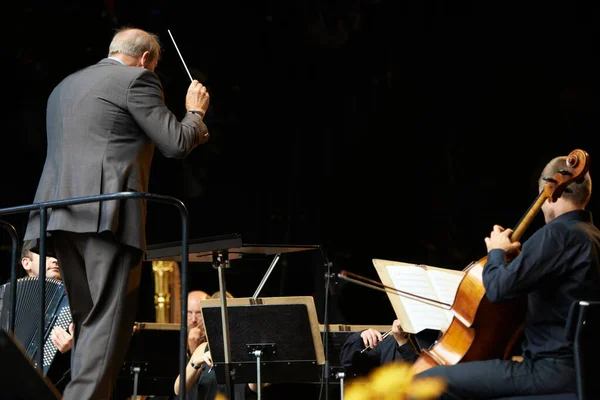 Dirigiendo Orquesta Una Sinfonía Grabación Director Orquesta Músicos Durante Concierto —  Fotos de Stock