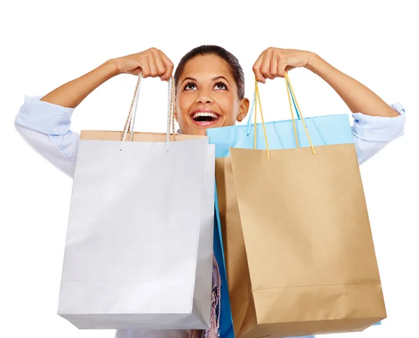 Frau Einkaufstaschen Und Lächeln Für Den Ladenverkauf Rabatt Oder Deal — Stockfoto