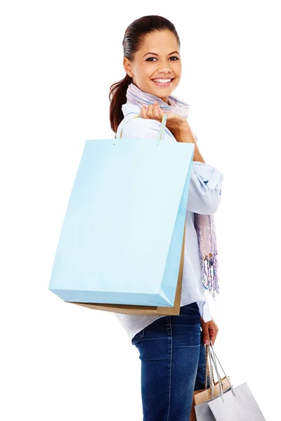 Frau Shopping Und Studioporträt Mit Weißem Hintergrund Isoliert Und Einzelhandelsmall — Stockfoto