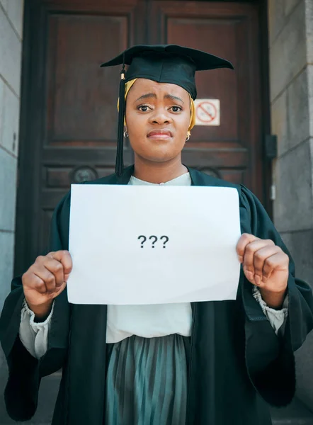 Αποφοίτηση Σύγχυση Και Αφίσα Πορτραίτο Μαύρης Γυναίκας Για Αμφιβολία Ερωτηματικό — Φωτογραφία Αρχείου