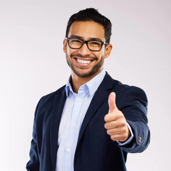 Sorria Óculos Polegares Para Cima Pelo Empresário Feliz Aceitar Visão — Fotografia de Stock