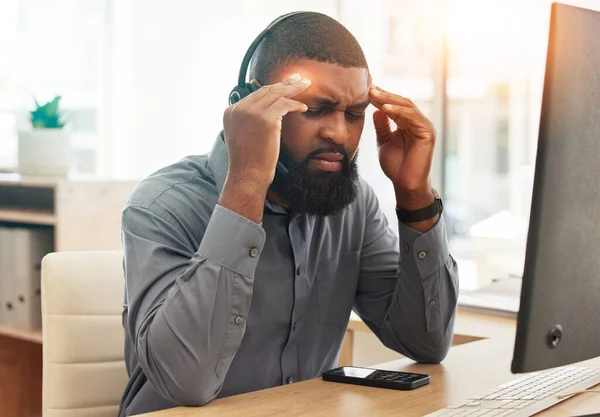Call Center Headache Business Man Stress Health Risk Fatigue Communication — Stock Photo, Image