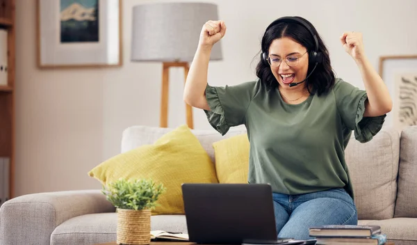 Winner, success and woman for call center, work from home opportunity and sales, target or bonus on laptop. Yes, wow and young person or consultant for e learning goal, online results or news on sofa.