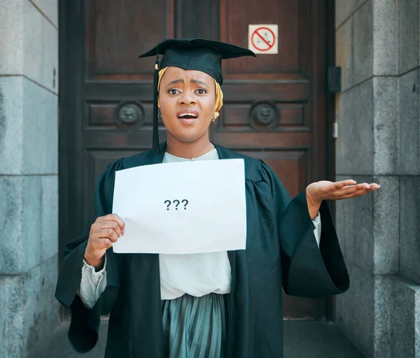 Studenten Portret Vraagteken Zwarte Vrouw Verward Onderwijs Keuze Toekomstige Beslissing — Stockfoto