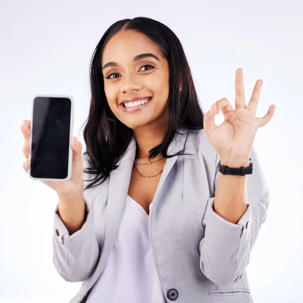 Telefoonscherm Vrouwenportret Perfecte Hand Studio Voor Deal Verkoop Aanmelden Succes — Stockfoto