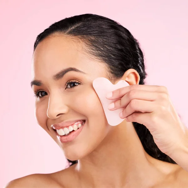 Facial Massage Natural Beauty Woman Gua Sha Skin Glow Cosmetics — Stock Photo, Image