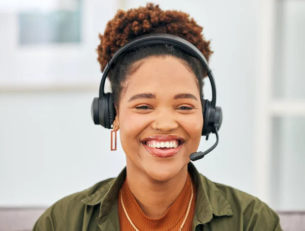 Call center, black woman and portrait of telemarketing agent smile with microphone in customer service, web support or CRM. Face of happy female sales consultant for telecom questions, FAQ or contact.