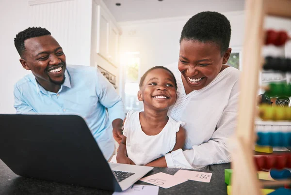 Black family, laptop and elearning, education and happy, parents help child with kindergarten school work. Teaching, learning and support, man and woman with young boy at home, online class and fun.