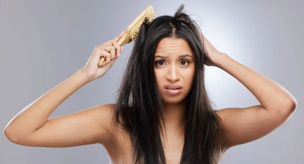Hair Damage Portrait Woman Brush Studio Split End Haircare Crisis — Stock Photo, Image
