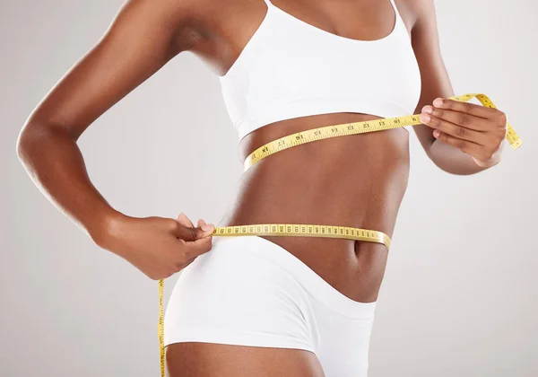 Tape Measure Diet Stomach Body Woman Health Wellness Studio Background — Stock Photo, Image