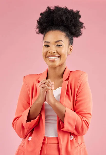 Business woman, happy and portrait in studio with a smile feeling excited and proud from advertising job. African female person, worker and pink background with creative employee with confidence.