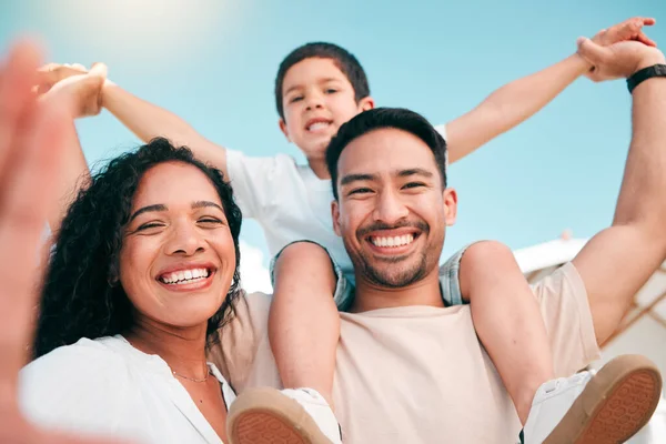 Selfie, happy family and airplane fun outdoor for bonding, play and having fun in backyard together. Love, portrait and boy child with parents outside for photo, weekend or piggyback game with smile.