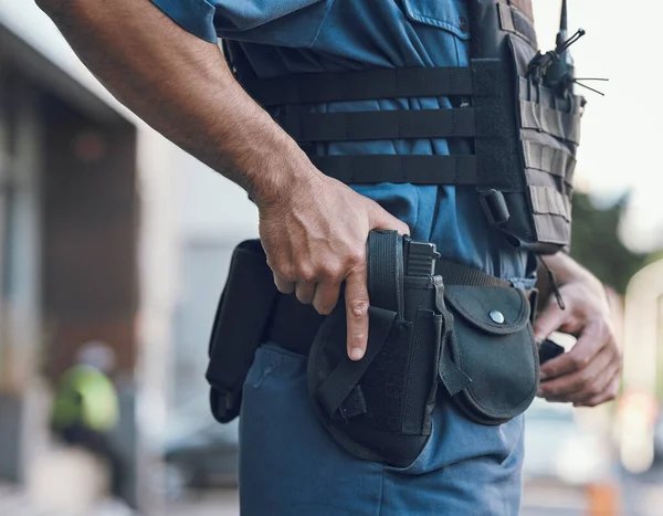 Seguridad Policía Manos Hombre Armado Ciudad Para Turno Inspección Supervisión —  Fotos de Stock
