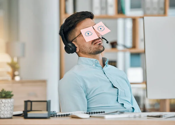 Tired Sleeping Business Man Sticky Note Eyes Low Energy Burnout — Stock Photo, Image