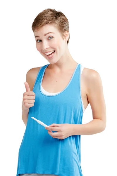 Portrait Thumbs Pregnancy Test Woman Studio Isolated White Background Prenatal — Stock Photo, Image