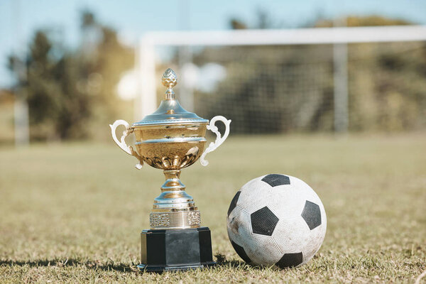 Win, field and football and trophy for sports, game award and achievement in a contest. Fitness, grass and a prize or reward for soccer competition, championship or celebration of a goal at a stadium.