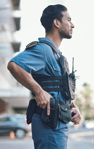 Sécurité Police Homme Armé Ville Pour Travail Inspection Supervision Pendant — Photo