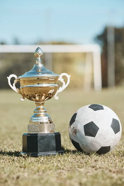 Success, field and football and trophy for sports, game award and achievement in contest. Fitness, grass and prize or reward for soccer competition, championship or celebration of a goal at a stadium.