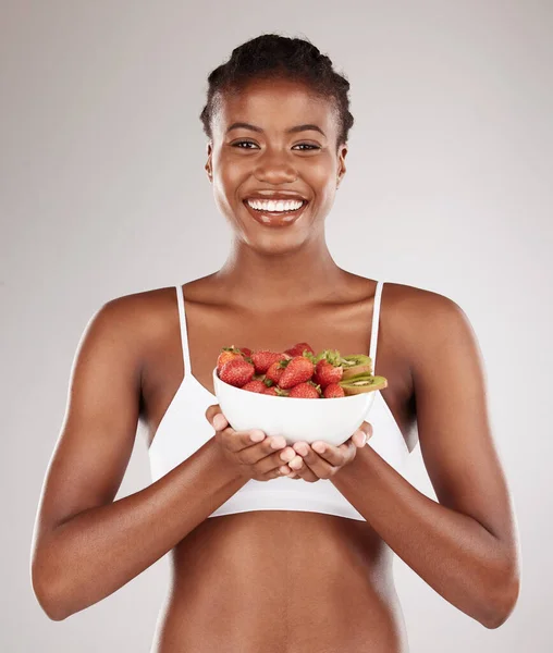 Healthy Portrait Black Woman Fruit Studio Background Diet Lose Weight — Stock Photo, Image