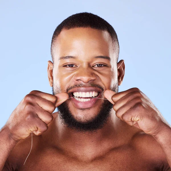 Portrait Black Man Floss Teeth Studio Healthy Dental Care Gum — Stock Photo, Image