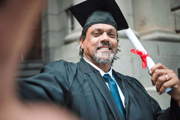 Mature Man Graduation Selfie Portrait Smile Law Degree Diploma Street — Stock Photo, Image