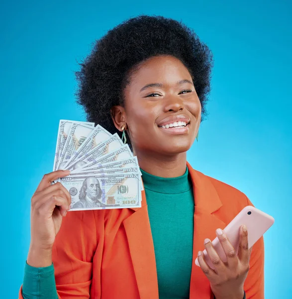 Abanico Dinero Teléfono Mujer Retrato Ganador Finanzas Ahorros Línea Ganancias —  Fotos de Stock
