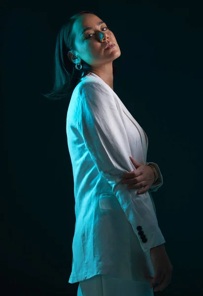 Fashion Portrait Woman Suit Dark Background Corporate Aesthetic Serious Stylish — Stock Photo, Image