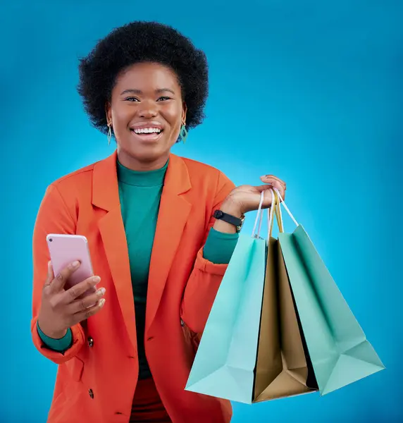 Torba Zakupy Telefon Szczęśliwa Kobieta Sprzedaż Commerce Rabat Lub Social — Zdjęcie stockowe