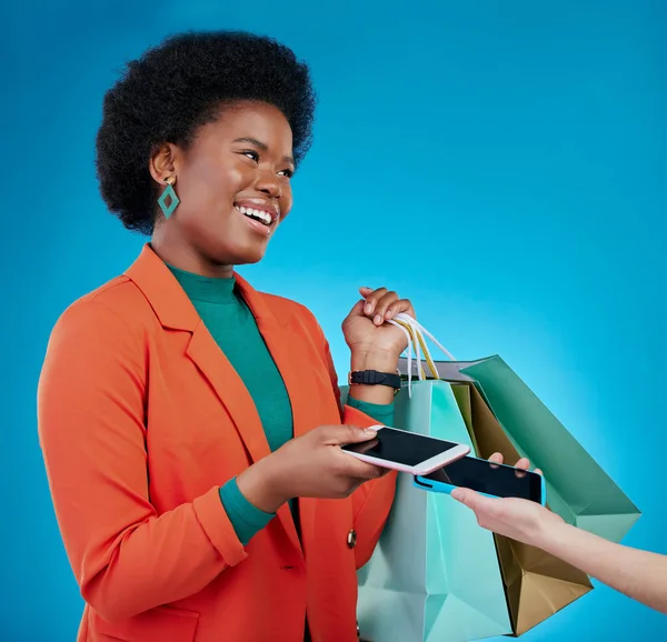 쇼핑백 Pos 온라인 디지털 서비스 핀테크에 모바일 인출기 아프리카 파란색 — 스톡 사진