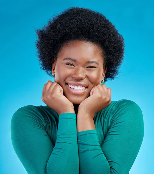 Portrait Smile Excited Black Girl Hands Studio Background Positive Mindset — Stock Photo, Image
