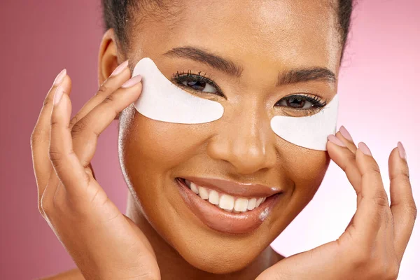 Skincare Portrait Black Woman Mask Eyes Cosmetics Dermatology Pink Background — Stock Photo, Image