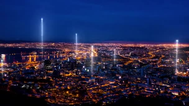 Розумне Місто Потоки Даних Мережеве Єднання Світлом Ніччю Або Будівлями — стокове відео