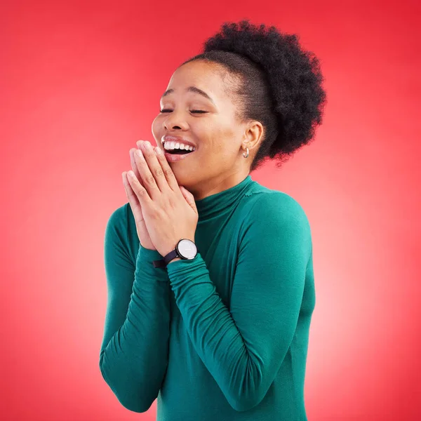 Thank You Praying Black Woman Studio Happy Relief Grateful Red — Stock Photo, Image