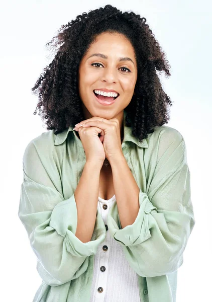 Rosto Confiante Retrato Mulher Feliz Com Sorriso Isolado Estúdio Sobre — Fotografia de Stock