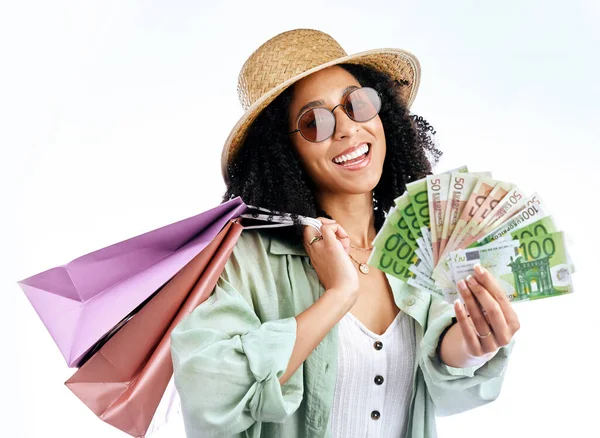 Mutlu Kadın Alışveriş Para Stüdyoda Nakit Para Ödül Beyaz Arka — Stok fotoğraf