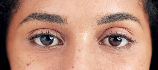 Eyes, vision and face closeup of woman for eyesight, optical care and eyelash extension with mascara. Eyebrows, eyecare and portrait of natural female person with cosmetics, microblading and beauty.
