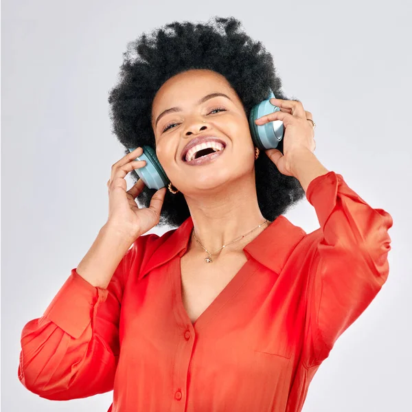 Music Headphones Happy Black Woman Listening Radio Playlist Relax White — Stock Photo, Image