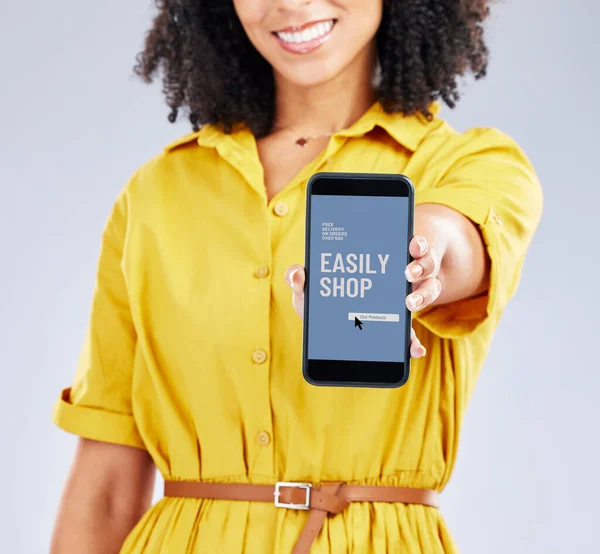 Handen Telefoon Scherm Vrouw Met App Voor Online Winkelen Verkopen — Stockfoto