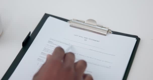 Testament Signature Hands Person Planning Life Insurance Policy Legal Documents — Vídeo de Stock