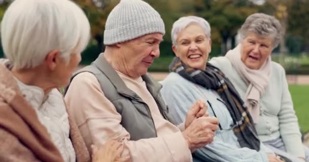 公園の友人 話す人 そして上級の人々は アウトドアで一緒にボンディング 質の高い時間を過ごしました 自然の中でリラックスするためのベンチで退職中の友情 幸せで高齢者と女性 — ストック動画
