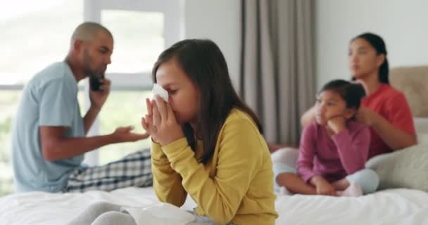 Paper Sick Kid Blowing Nose Bedroom Home Allergy Virus Covid — Stock Video