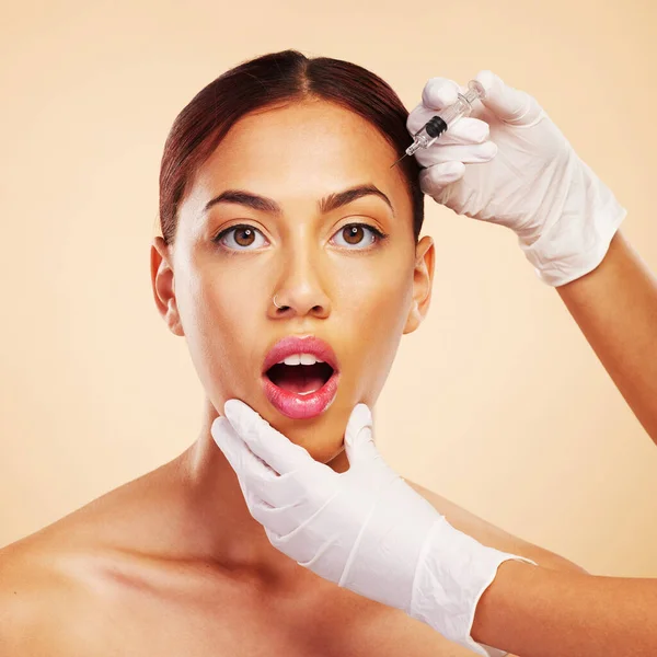Surprise Woman Face Plastic Surgery Injection Facelift Cosmetics Isolated Studio — Stock Photo, Image