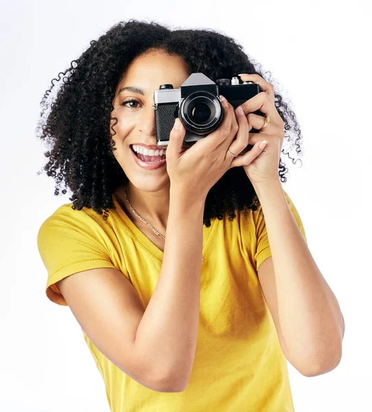Photography Camera Happy Woman Photographer Smile Creative Isolated Studio White — Stock Photo, Image