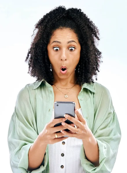 Telefoon Wow Vrouw Met Verrassingsroddels Nepnieuws Geïsoleerd Een Witte Achtergrond — Stockfoto