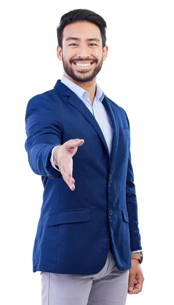 Happy Businessman Portrait Handshake Hiring Job Opportunity Meeting White Studio — Stock Photo, Image