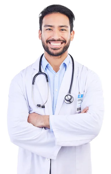 Man Doctor Portrait Arms Crossed Smile Healthcare Medical Work Studio — Stock Photo, Image